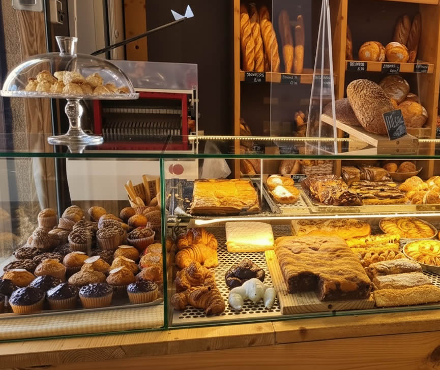 Mostrador de la Panadería Orriols con panes, magdalenas, croissants y bizcochos artesanales a la venta.